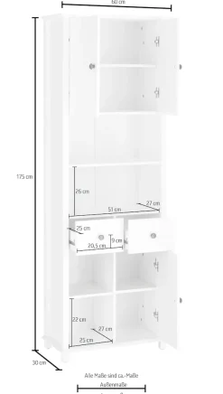 Home affaire Hochschrank »Vili« Badezimmerschrank, Höhe 175 cm, 2 Schubladen, 3 Türen, aus Massivholz