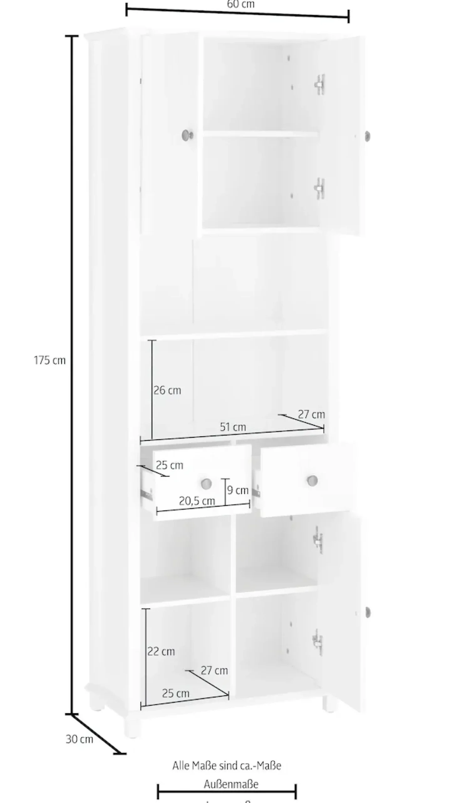 Home affaire Hochschrank »Vili« Badezimmerschrank, Höhe 175 cm, 2 Schubladen, 3 Türen, aus Massivholz