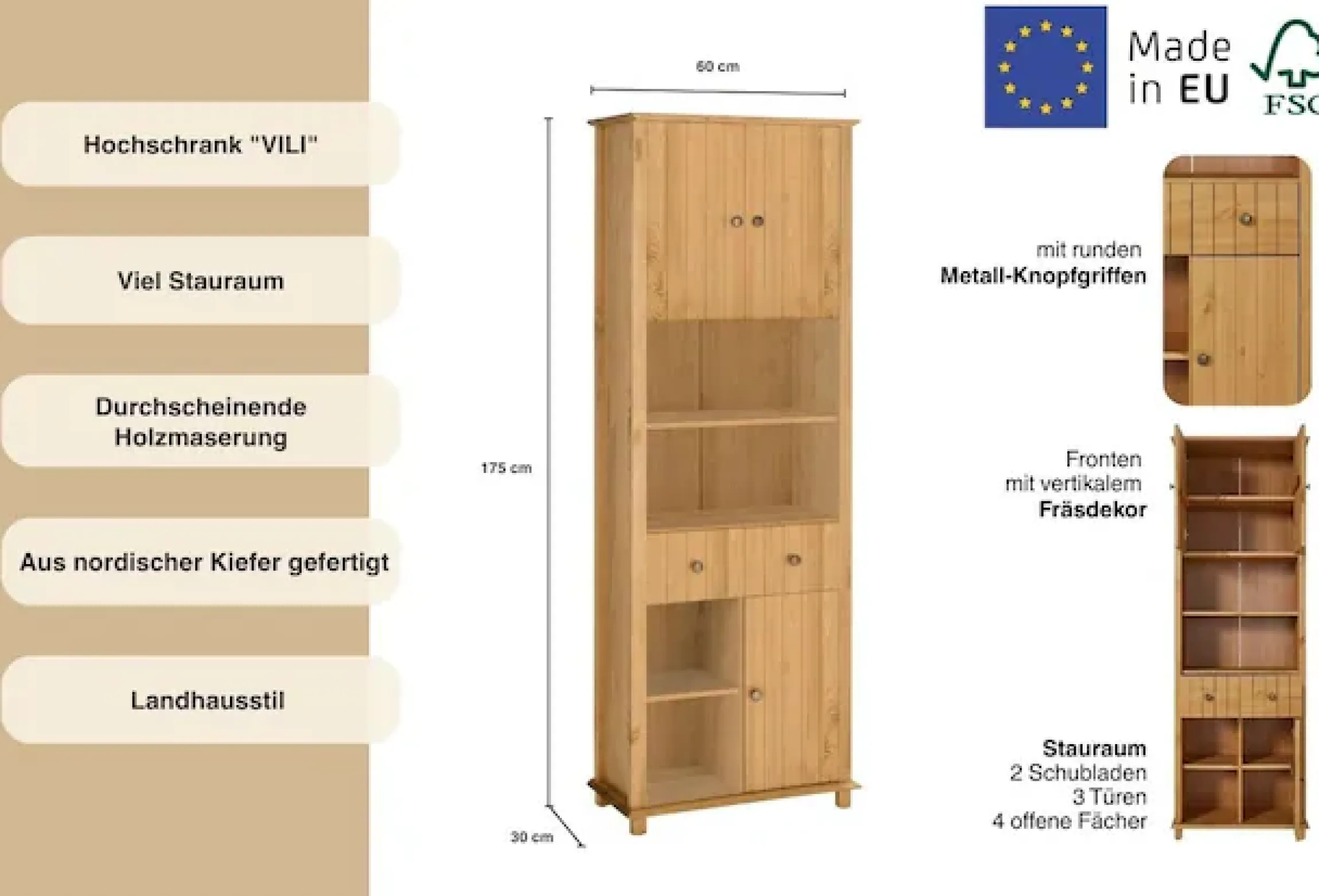 Home affaire Hochschrank »Vili« Badezimmerschrank, Höhe 175 cm, 2 Schubladen, 3 Türen, aus Massivholz