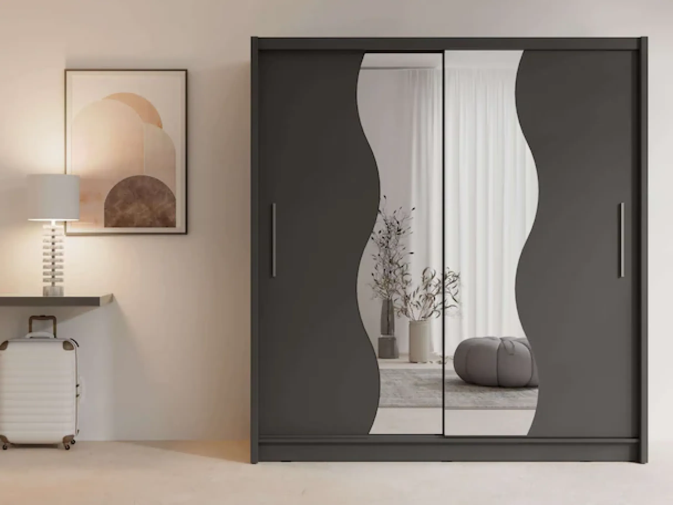 Home affaire Kleiderschrank »JULIETTA Schiebetürenschrank mit 10 Fächer, Kleiderstange und Spiegel« Garderobe mit 2 Schwebetüren und Spiegel, Maße B/T/H: 205/63/215 cm