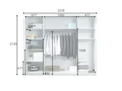 Home affaire Kleiderschrank »LANDERY Garderobe mit Spiegel, 8 Fächer, 2 Kleiderstangen, Beleuchtung« Schiebetürenschrank mit 3 Türen, Maße B/T/H: 252/67/213cm