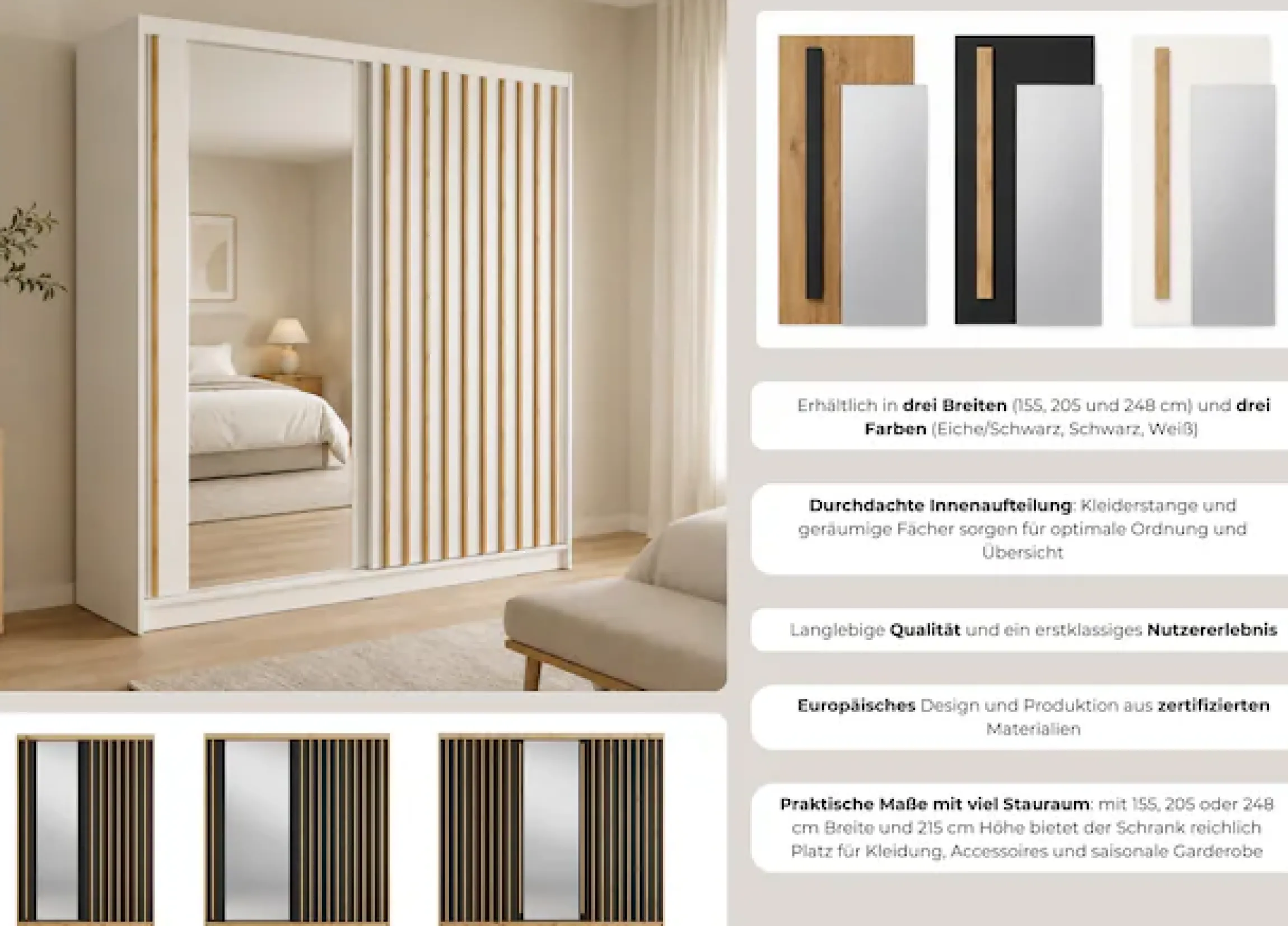 Home affaire Kleiderschrank »VILLEFRANCHE modern mit viel Stauraum, Fächer & Kleiderstange, Spiegel« Garderobe in 3 Breiten (155, 205, 248 cm), erhältlich in 3 Farben