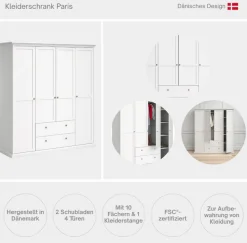 Home affaire Kleiderschrank »Paris im Landhausstil mit viel Stauraum, B/HT ca. 180x200x65 cm« 4 Türen, Böden, Stange & Schubladen für optimale Ordnung