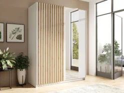 Home affaire Kleiderschrank »Kleiderschrank Camden mit Spiegel, 4 Einlegeböden und Kleiderstange« Garderobe mit 2 Schwebetüren und Lamellen, BxHxT 150,5x198,5x61,6 cm