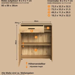 Home affaire Kommode »Amrum« 1 Stk. tlg. Schuhschrank 2 Türen & 1 Vollauszug Schublade - (B/T/H) 80/36/89 cm