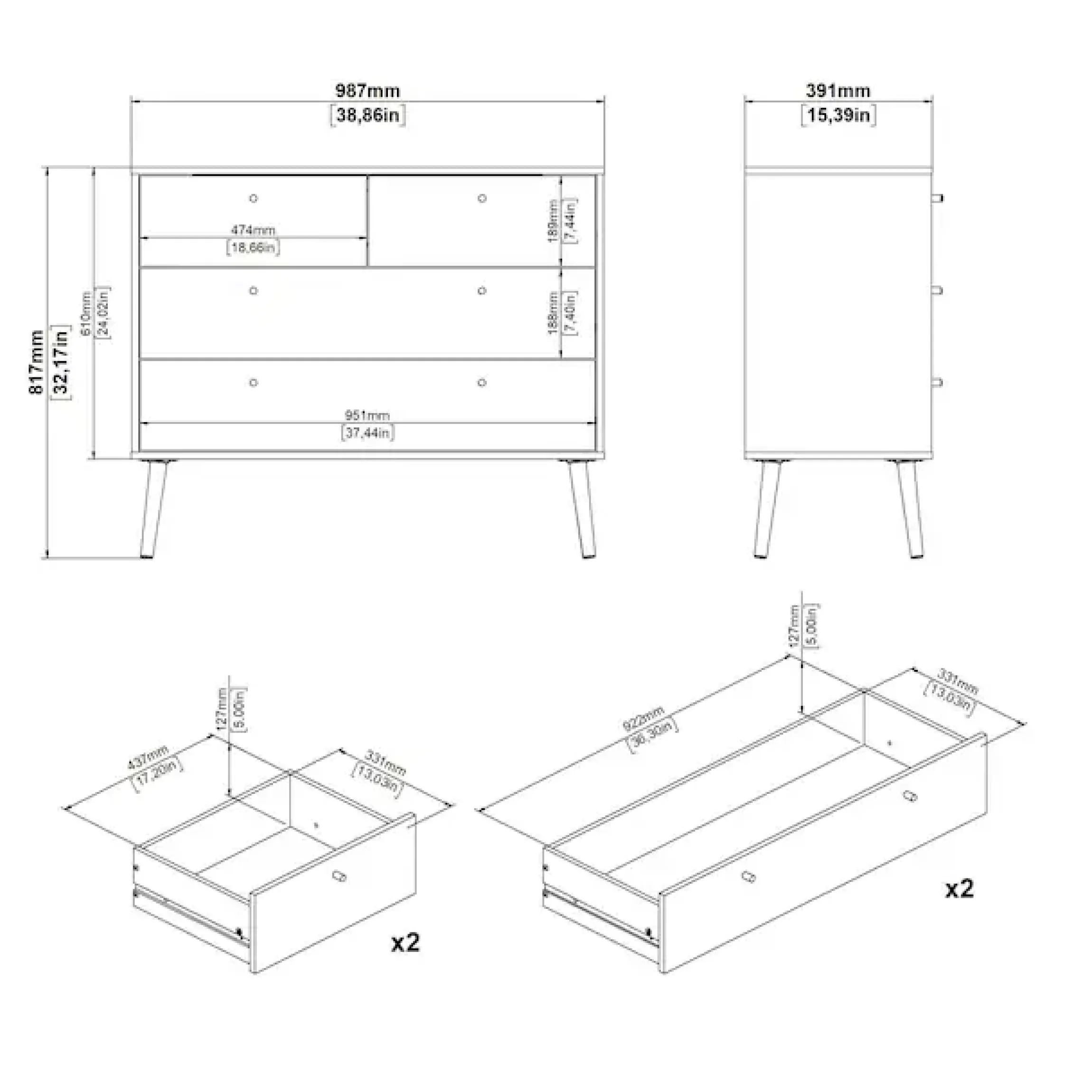 Home affaire Kommode »Bodo, Aufbewahrung, Schubladenschrank, Stauraum, modern, Breite 99 cm« 4 Schubladen, Weiß oder Schwarz, Beine und Griffe aus Echtholz