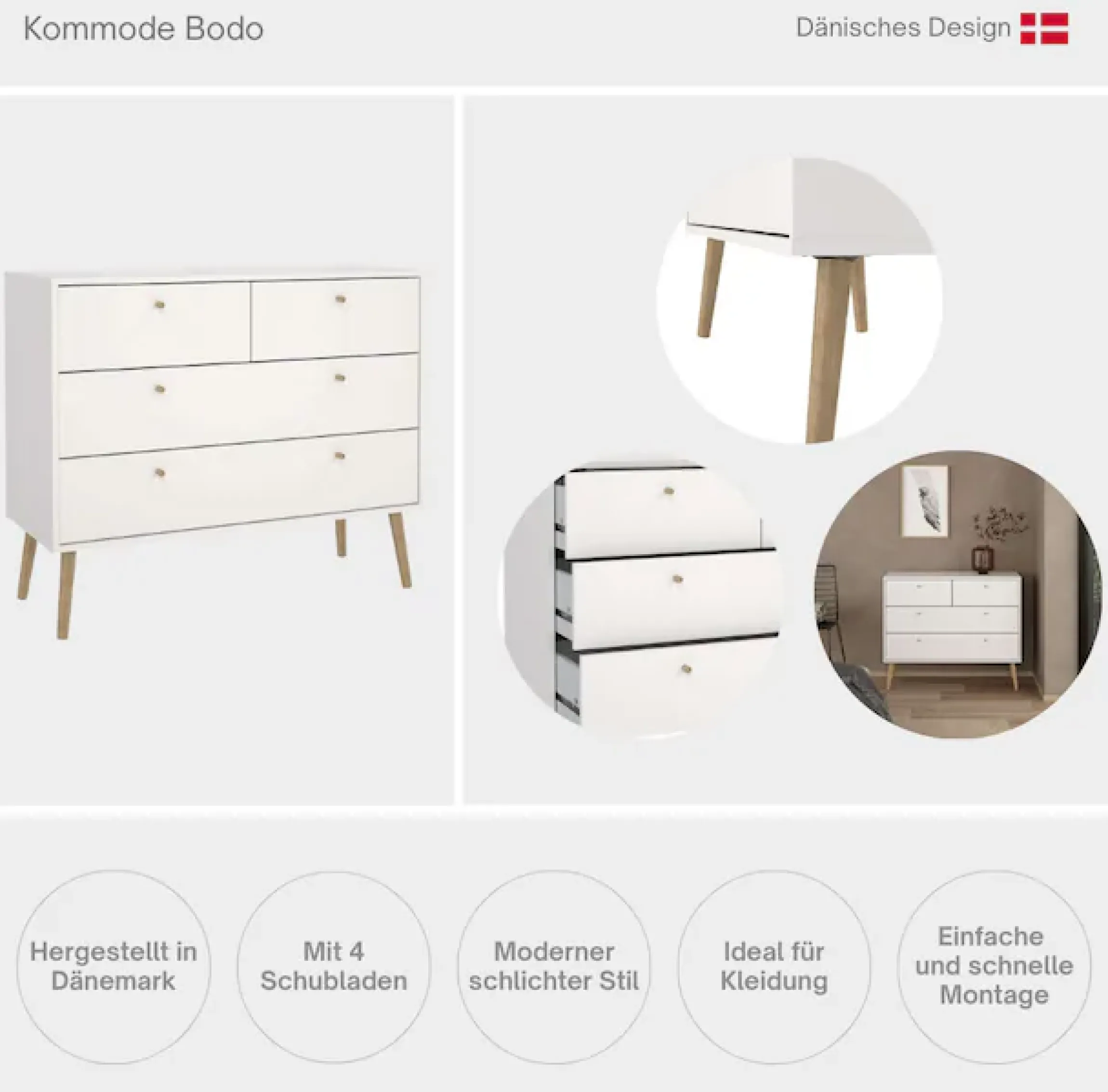 Home affaire Kommode »Bodo, Aufbewahrung, Schubladenschrank, Stauraum, modern, Breite 99 cm« 4 Schubladen, Weiß oder Schwarz, Beine und Griffe aus Echtholz