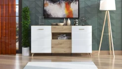 Home affaire Kommode »Bretagna Sideboard, Schubladenschrank, Breite 173 cm« viel Stauraum, mit Holzgriffen, mit drei Regalen, in Artisan Eiche