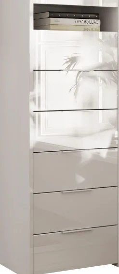 Home affaire Kommode »Malmo, Schubkastenkommode B/T/H 52/40/135 cm, mit 6 Schubkästen,« offene Ablage, Top 22 mm stark, Metallgriff, Weiss Hochglanz Lack