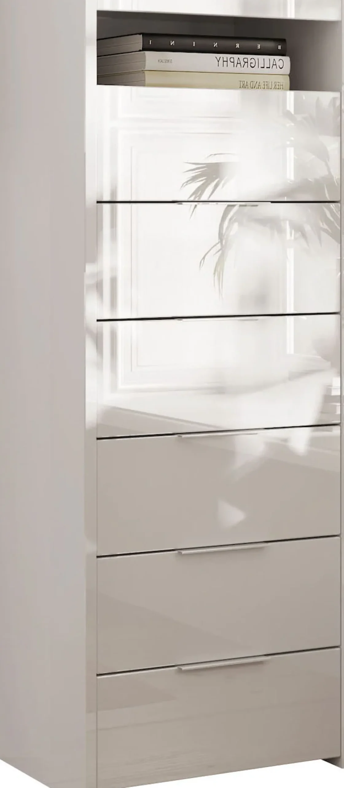 Home affaire Kommode »Malmo, Schubkastenkommode B/T/H 52/40/135 cm, mit 6 Schubkästen,« offene Ablage, Top 22 mm stark, Metallgriff, Weiss Hochglanz Lack