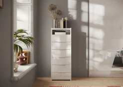 Home affaire Kommode »Malmo, Schubkastenkommode B/T/H 52/40/135 cm, mit 6 Schubkästen,« offene Ablage, Top 22 mm stark, Metallgriff, Weiss Hochglanz Lack