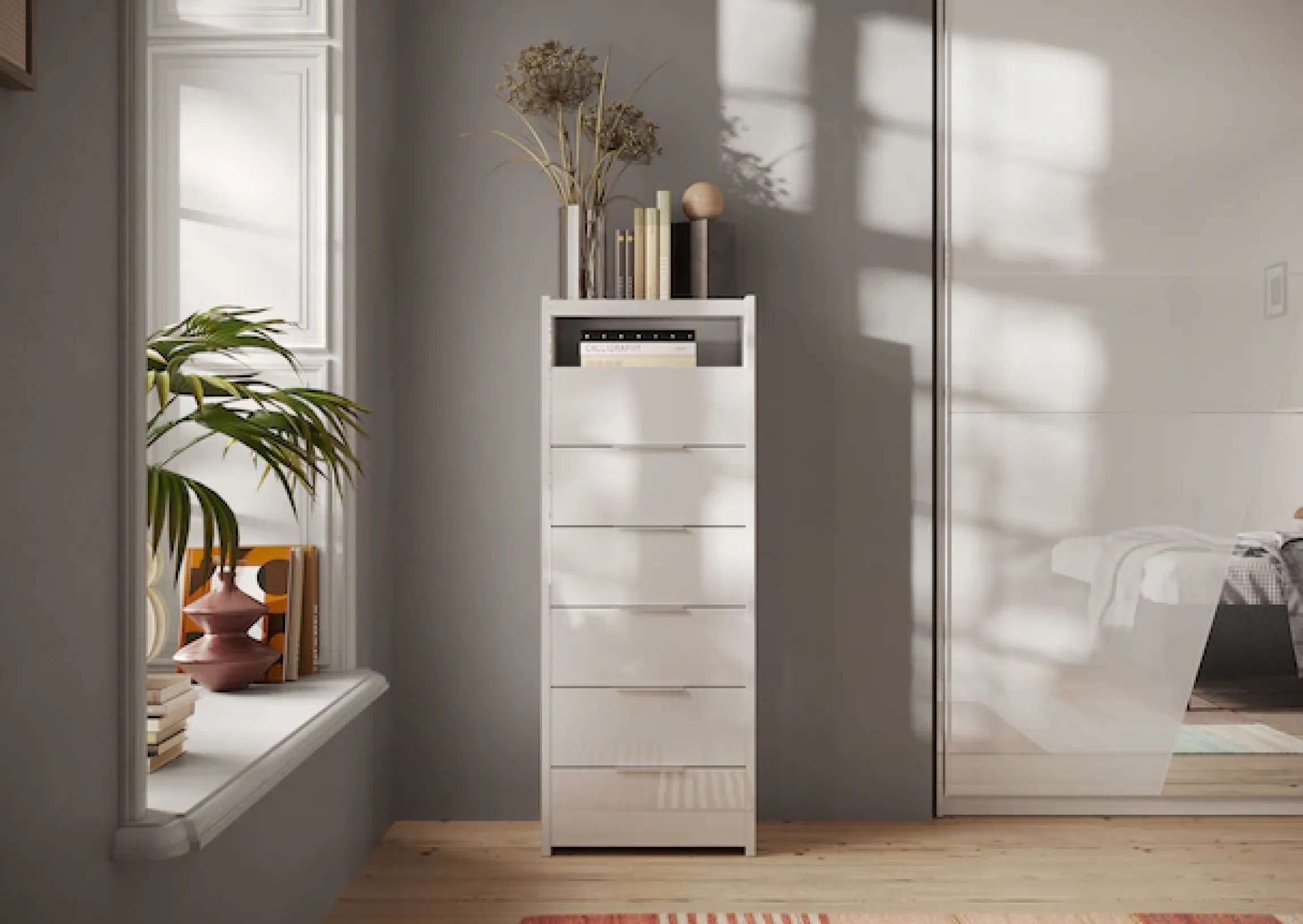 Home affaire Kommode »Malmo, Schubkastenkommode B/T/H 52/40/135 cm, mit 6 Schubkästen,« offene Ablage, Top 22 mm stark, Metallgriff, Weiss Hochglanz Lack