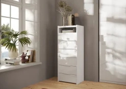 Home affaire Kommode »Malmo, Schubkastenkommode B/T/H 52/40/135 cm, mit 6 Schubkästen,« offene Ablage, Top 22 mm stark, Metallgriff, Weiss Hochglanz Lack