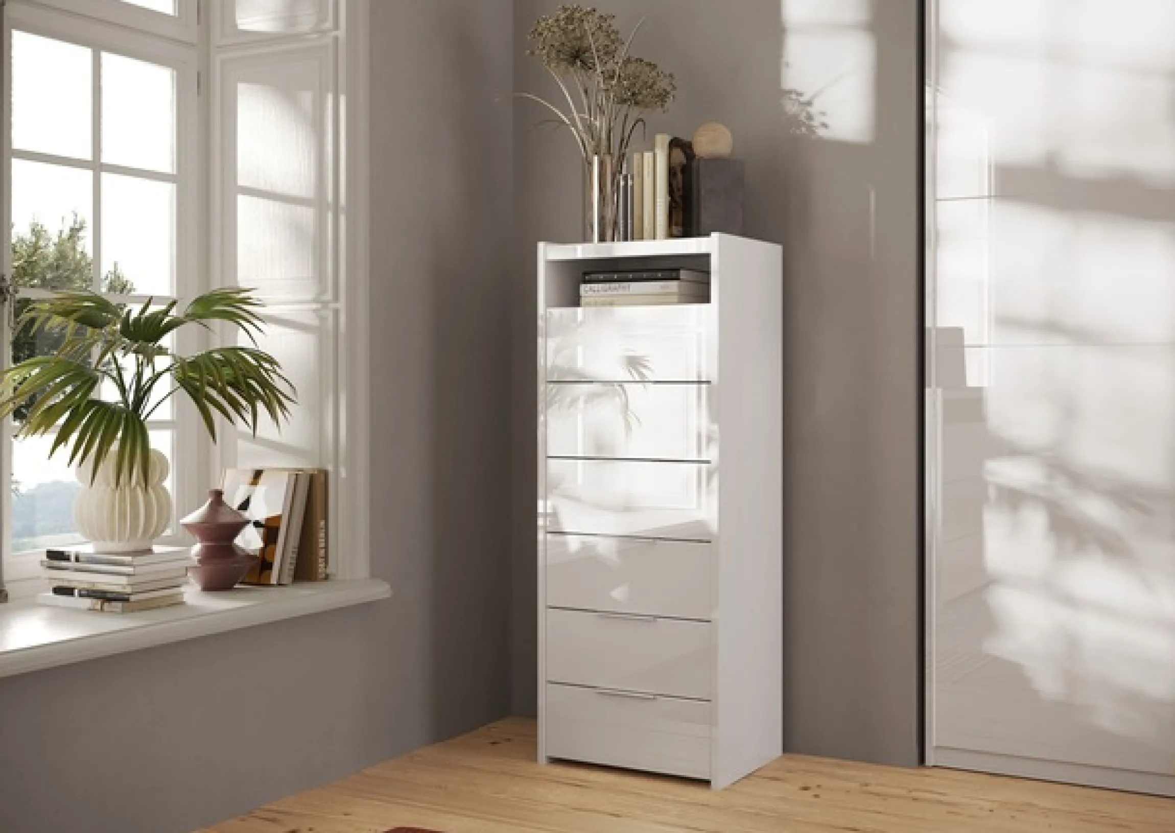 Home affaire Kommode »Malmo, Schubkastenkommode B/T/H 52/40/135 cm, mit 6 Schubkästen,« offene Ablage, Top 22 mm stark, Metallgriff, Weiss Hochglanz Lack