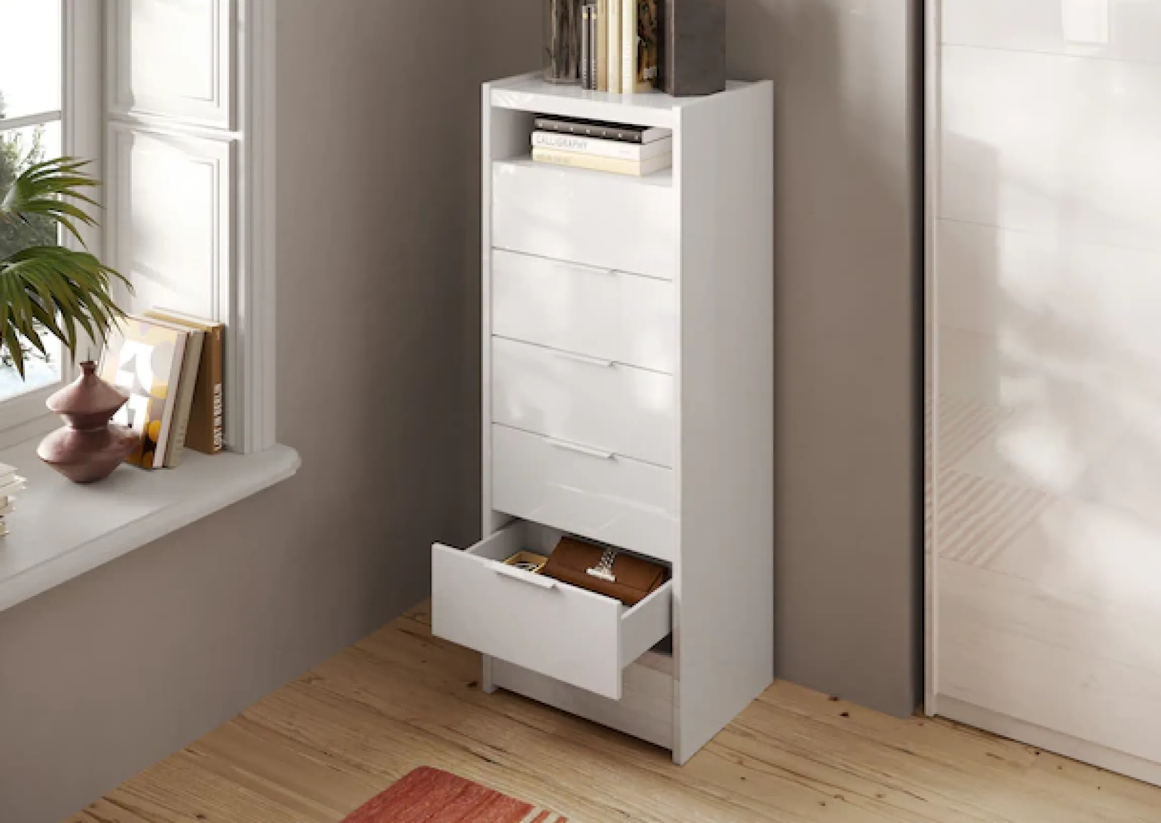 Home affaire Kommode »Malmo, Schubkastenkommode B/T/H 52/40/135 cm, mit 6 Schubkästen,« offene Ablage, Top 22 mm stark, Metallgriff, Weiss Hochglanz Lack