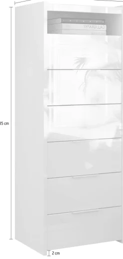 Home affaire Kommode »Malmo, Schubkastenkommode B/T/H 52/40/135 cm, mit 6 Schubkästen,« offene Ablage, Top 22 mm stark, Metallgriff, Weiss Hochglanz Lack
