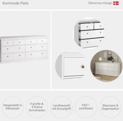 Home affaire Kommode »Paris, Aufbewahrung, Schubladenschrank, Stauraum, mit 8 Schubladen« Landhausstil, Elegant, geräumig, Breite 184 cm, Höhe 87 cm