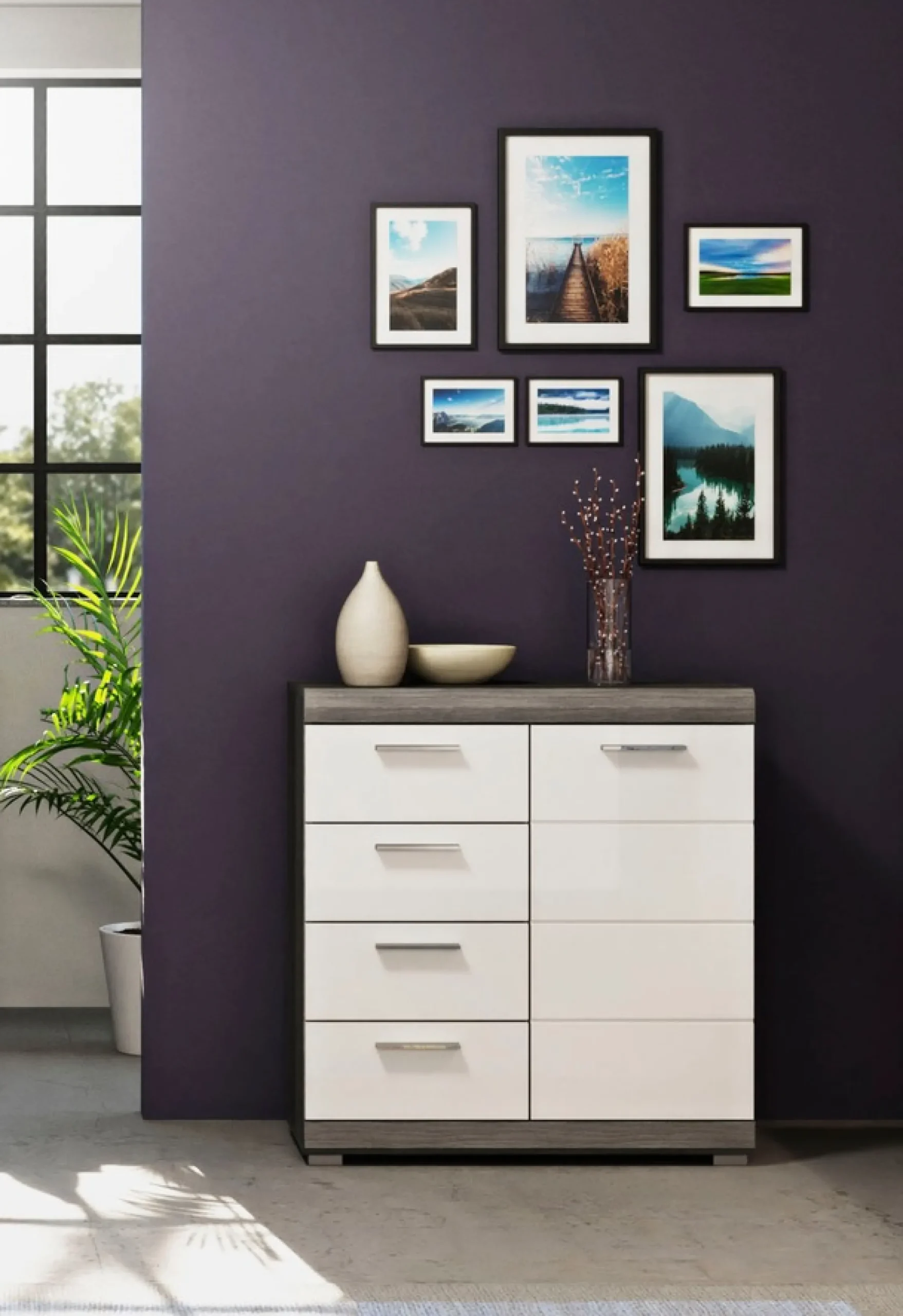 Home affaire Kommode »SIENA, Breite 80 cm, 1 Tür , 2 Einlegeböden, 3 Fächer, 4 Schubkästen« hochwertige Rillenfräsung in MDF Front,Schuhkommode, Schuhschrank, Anrichte, Sideboard