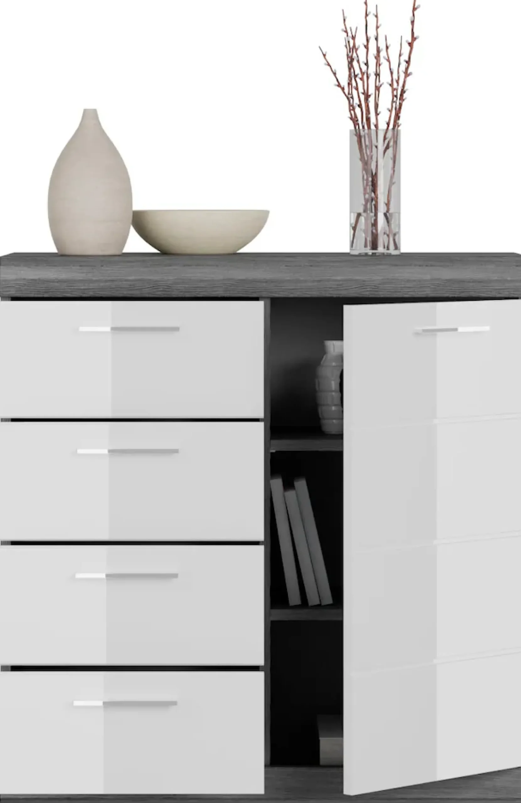 Home affaire Kommode »SIENA, Breite 80 cm, 1 Tür , 2 Einlegeböden, 3 Fächer, 4 Schubkästen« hochwertige Rillenfräsung in MDF Front,Schuhkommode, Schuhschrank, Anrichte, Sideboard