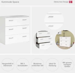 Home affaire Kommode »Space, Mit viel Stauraum, graue Stangengriffe, einfache Selbstmontage« Mit 3 Schubladen, grauen Griffen, modern, B: 74,1 x H: 69,9 cm