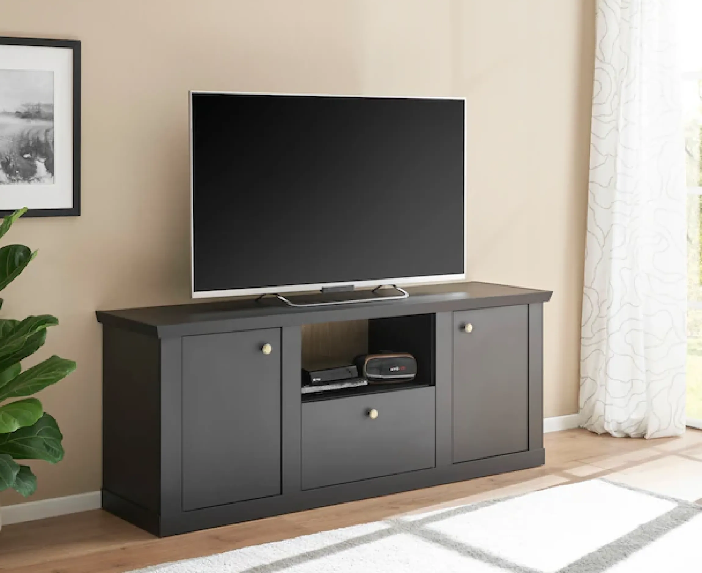 Home affaire Lowboard »Lincoln, moderner TV-Schrank, schwarze Kommode, TV-Unterschrank« edles Design, messingfarbene Knopfgriffe, in 2 Größen verfügbar