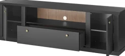 Home affaire Lowboard »Lincoln, moderner TV-Schrank, schwarze Kommode, TV-Unterschrank« edles Design, messingfarbene Knopfgriffe, in 2 Größen verfügbar