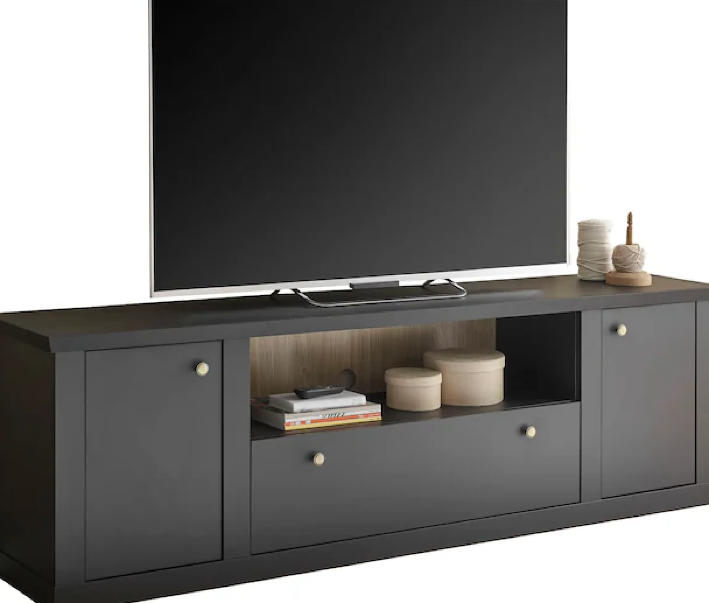 Home affaire Lowboard »Lincoln, moderner TV-Schrank, schwarze Kommode, TV-Unterschrank« edles Design, messingfarbene Knopfgriffe, in 2 Größen verfügbar