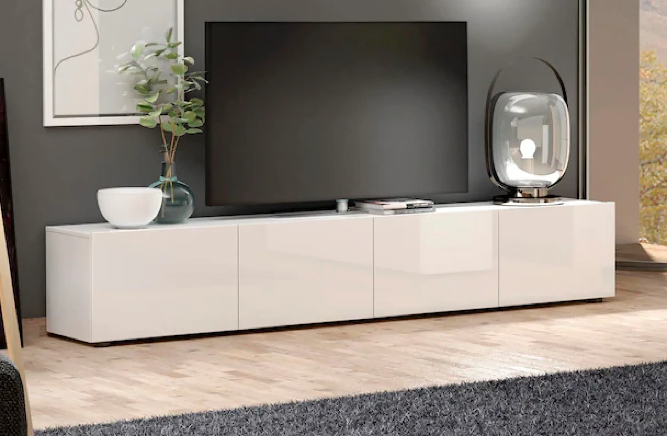 Home affaire Lowboard »Mister, TV-Board, TV-Bank, TV-Kommode, TV-Möbel« mit 4 Klappen, komplett Hochglanz Lackiert, Breite 225 cm