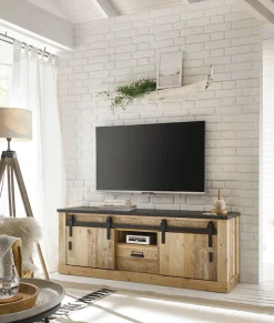 Home affaire Lowboard »Sherwood, TV-Unterteil im Industrial-Style, Kommode, TV-Schrank« Scheunentorbeschlag & Apothekergriff, in 2 Farben & Größen erhältlich