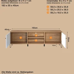 Home affaire Lowboard »Tarragona TV-Kommode« TV-Unterteil mit 2 Türen & 2 Fächern - (B/T/H) 183/40/56 cm