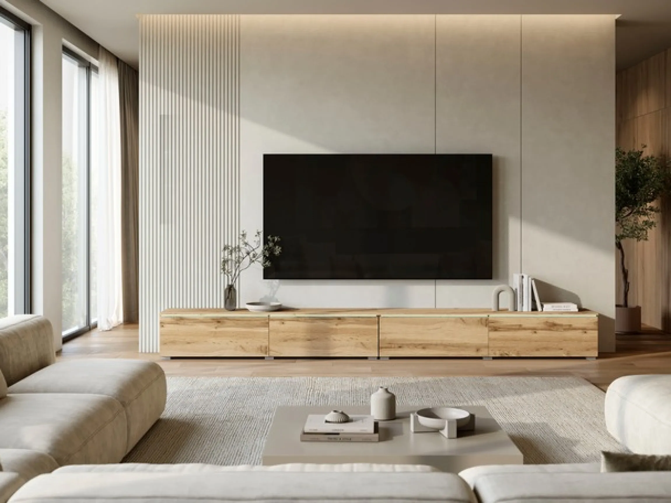 Home affaire Lowboard »Vera, TV-Schrank, Breite 300 cm, verschiedene Farbausführungen« 1 Stk. tlg. Mit LED, 4 Klappen, grifflose Fronten, hängend oder stehend