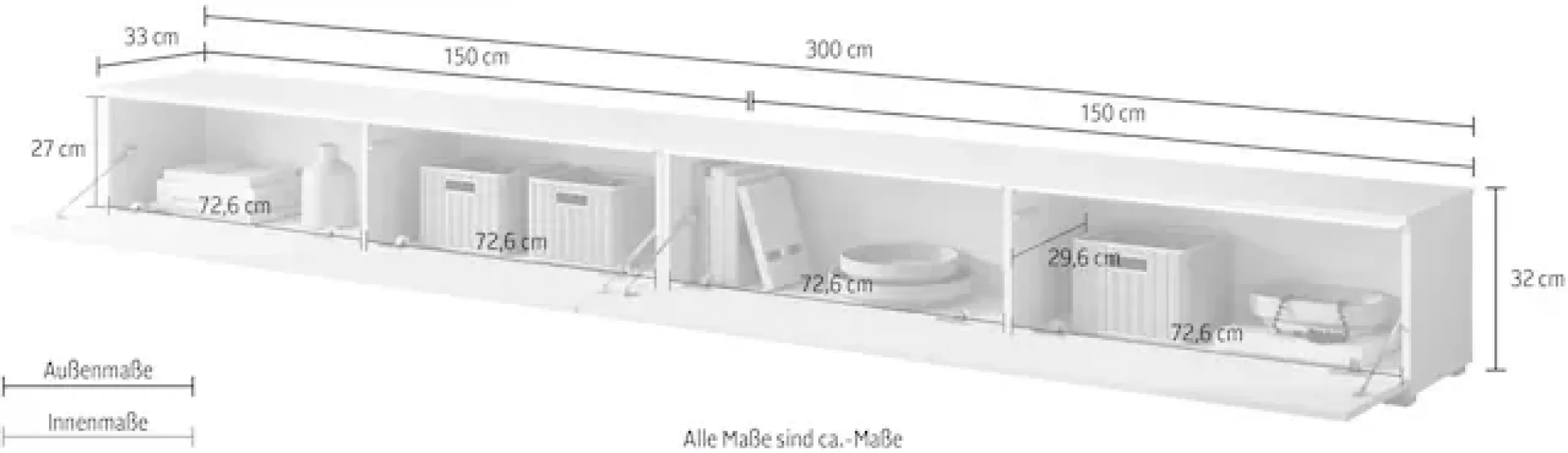 Home affaire Lowboard »Vera, TV-Schrank, Breite 300 cm, verschiedene Farbausführungen« 1 Stk. tlg. Mit LED, 4 Klappen, grifflose Fronten, hängend oder stehend
