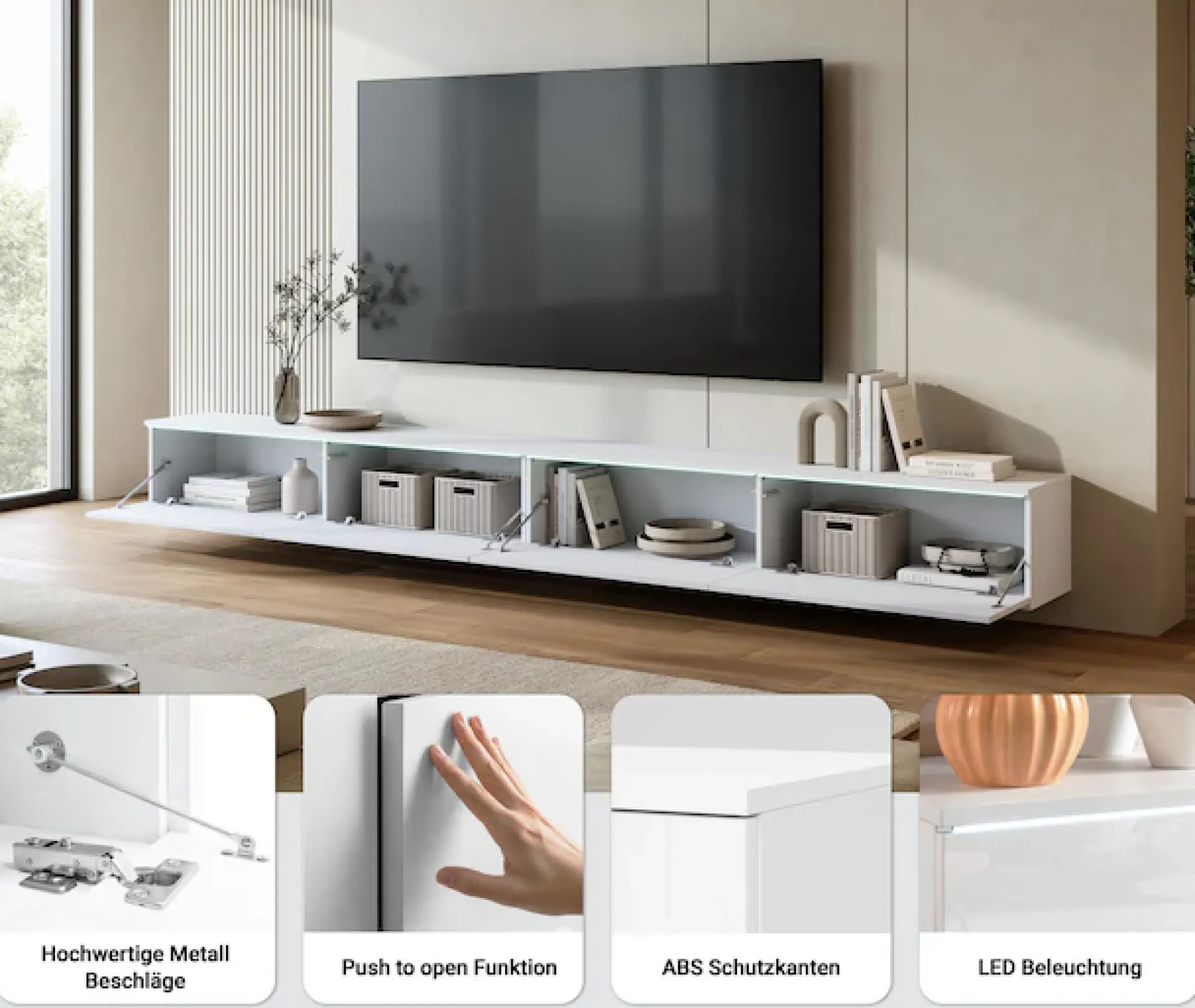 Home affaire Lowboard »Vera, TV-Schrank, Breite 300 cm, verschiedene Farbausführungen« 1 Stk. tlg. Mit LED, 4 Klappen, grifflose Fronten, hängend oder stehend