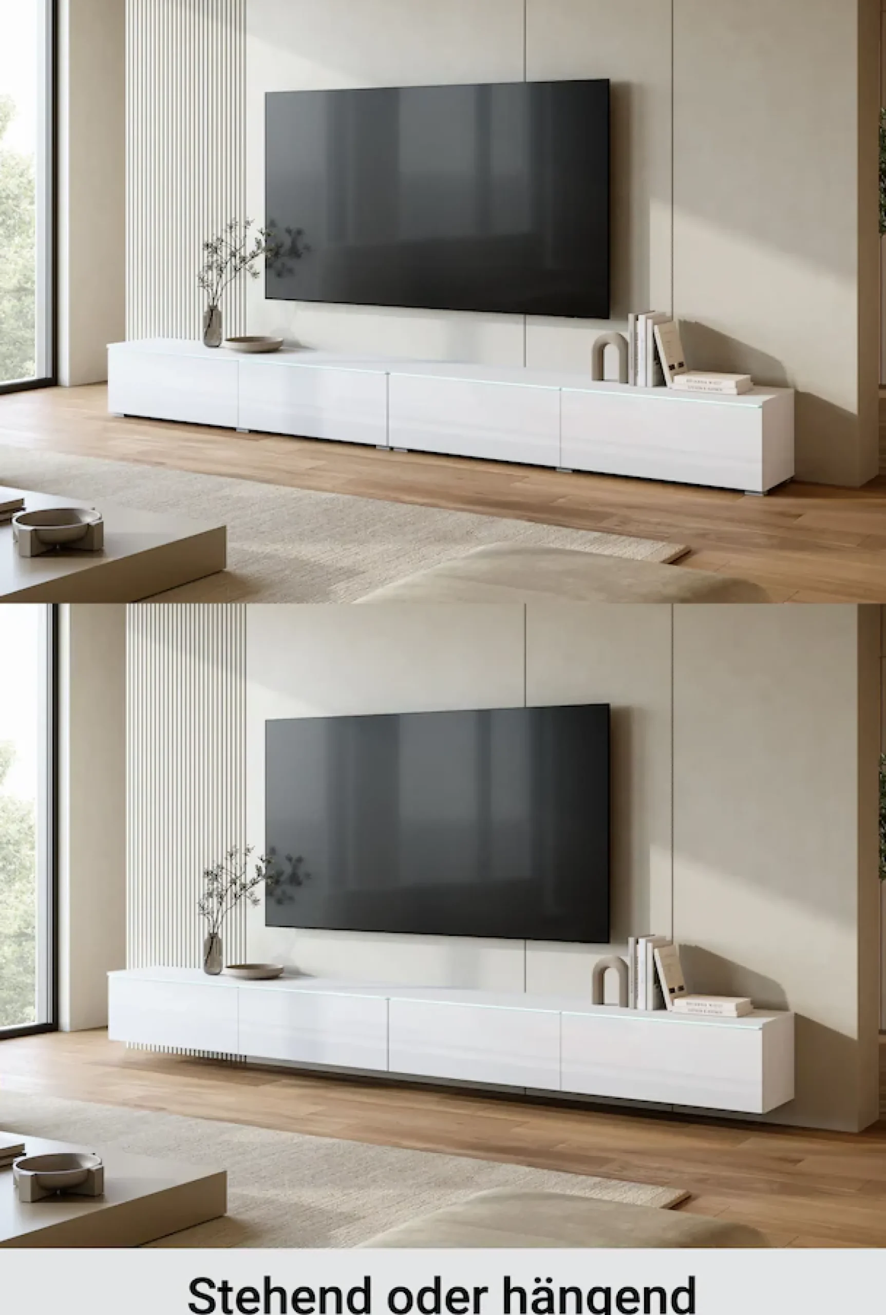 Home affaire Lowboard »Vera, TV-Schrank, Breite 300 cm, verschiedene Farbausführungen« 1 Stk. tlg. Mit LED, 4 Klappen, grifflose Fronten, hängend oder stehend
