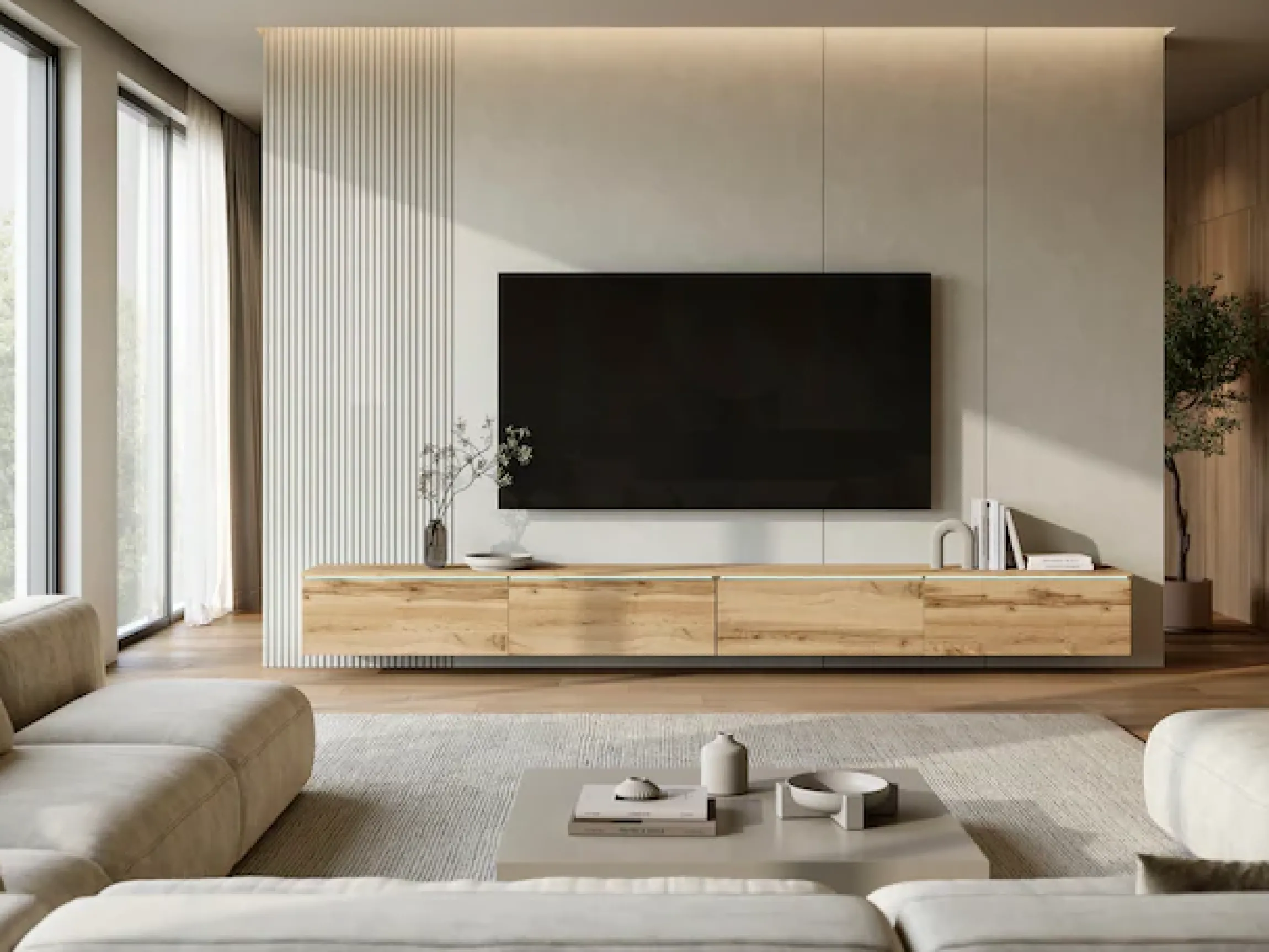 Home affaire Lowboard »Vera, TV-Schrank, Breite 300 cm, verschiedene Farbausführungen« 1 Stk. tlg. Mit LED, 4 Klappen, grifflose Fronten, hängend oder stehend