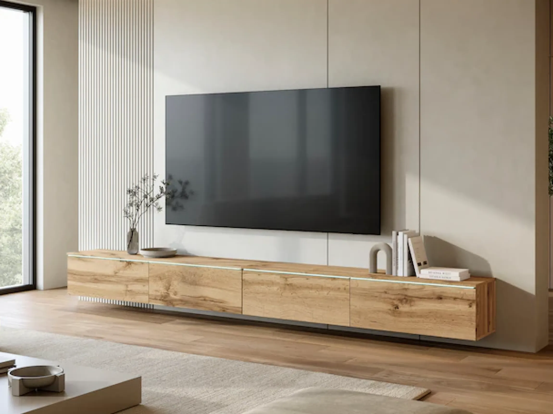 Home affaire Lowboard »Vera, TV-Schrank, Breite 300 cm, verschiedene Farbausführungen« 1 Stk. tlg. Mit LED, 4 Klappen, grifflose Fronten, hängend oder stehend