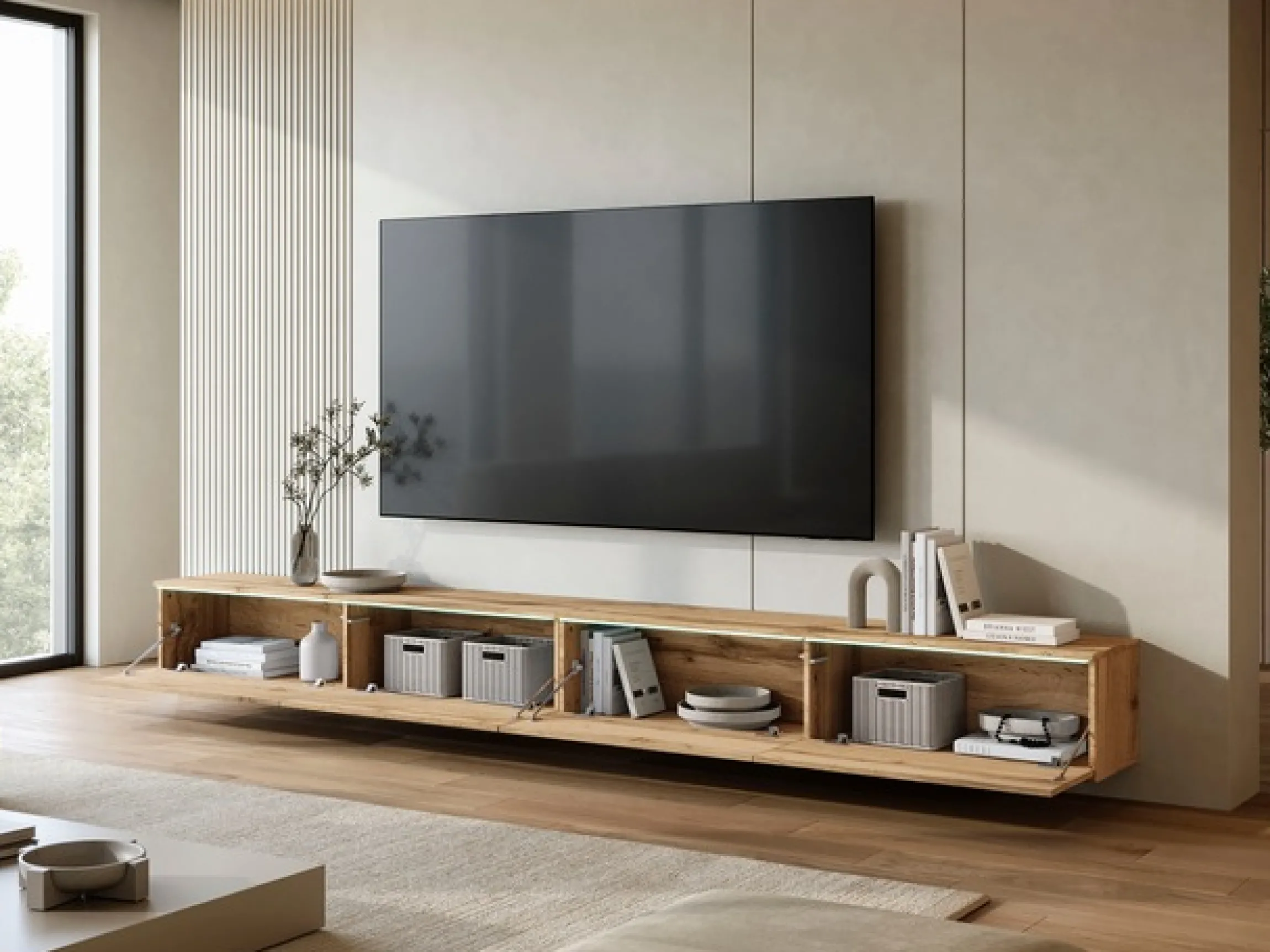 Home affaire Lowboard »Vera, TV-Schrank, Breite 300 cm, verschiedene Farbausführungen« 1 Stk. tlg. Mit LED, 4 Klappen, grifflose Fronten, hängend oder stehend