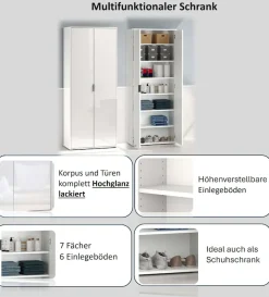 Home affaire Mehrzweckschrank »JOLLY, Stauraumschrank , Breite 72,5 cm , Höhe 178 cm« 1 Stk. tlg. 2-türiger Schrank mit 4 Einlegeböden, hochglanz lackiert