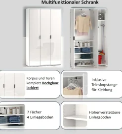 Home affaire Mehrzweckschrank »JOLLY, Stauraumschrank , Breite 107 cm , Höhe 178 cm« 1 Stk. tlg. 3 Türen,1 kl.+3 große Böden,1 Auszugsstange,Schrank Hochglanz lackiert