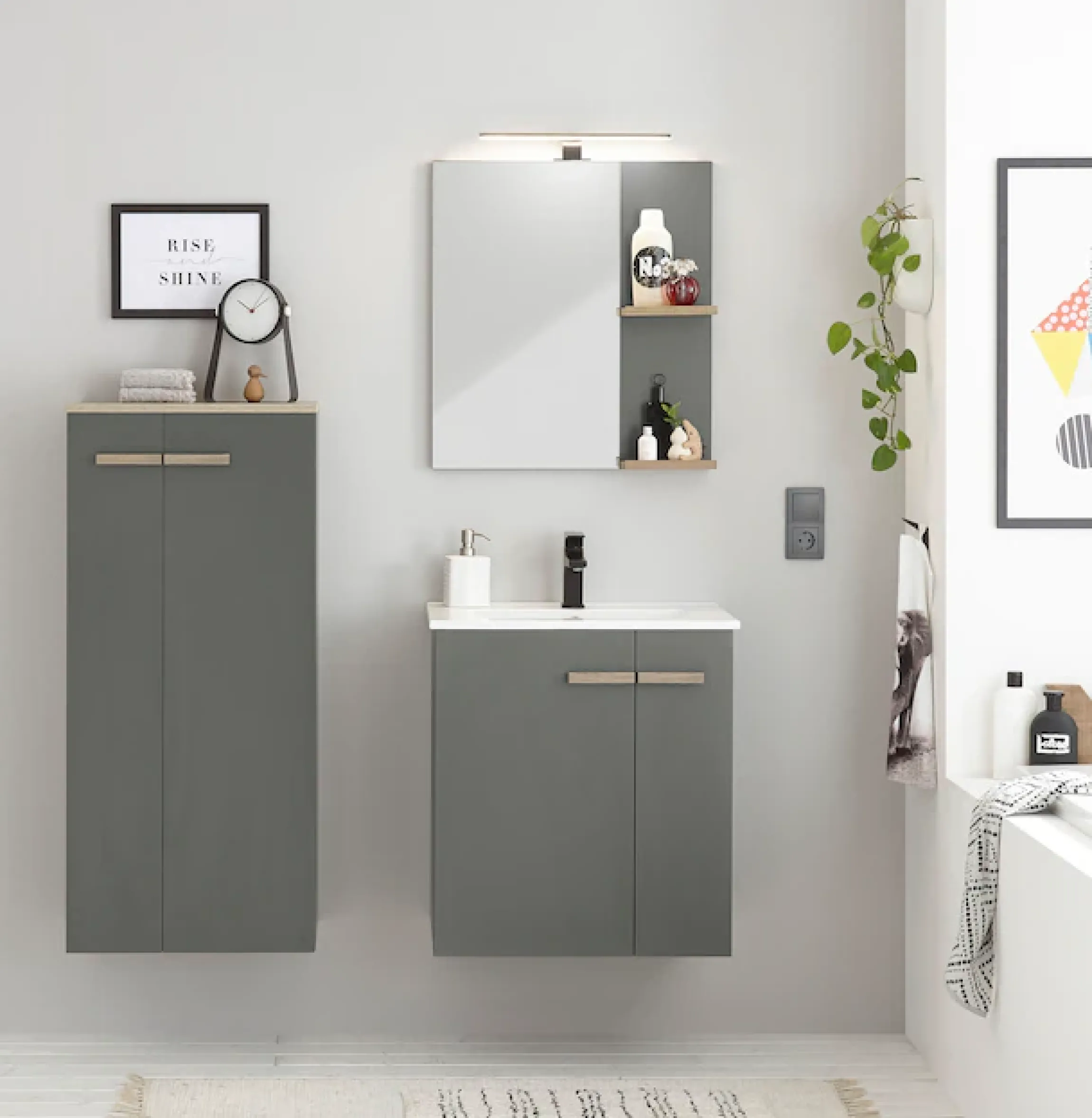 Home affaire Midischrank »SOLiD, Badschrank im modernen Design, Schrank mit Holzgriffen« in zwei Farben verfügbar, mit Stauraum, stehend o. hängend montierbar