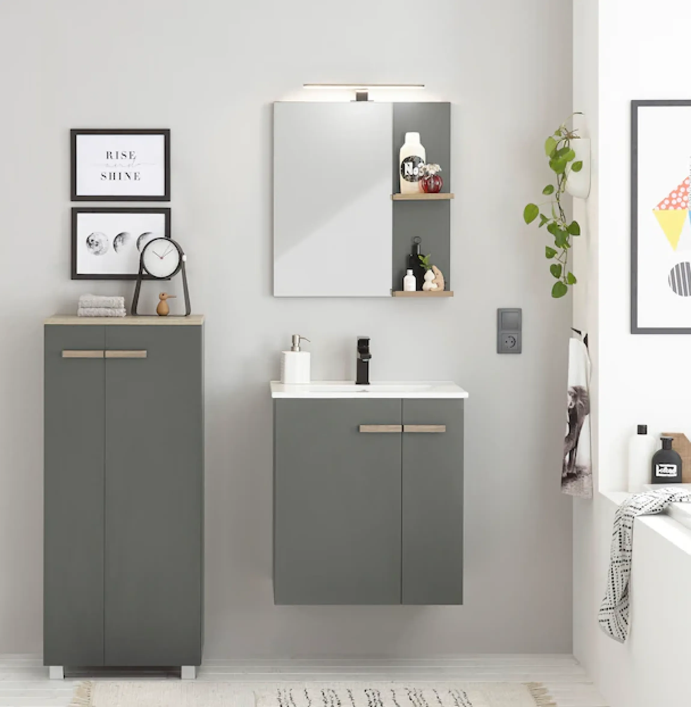 Home affaire Midischrank »SOLiD, Badschrank im modernen Design, Schrank mit Holzgriffen« in zwei Farben verfügbar, mit Stauraum, stehend o. hängend montierbar