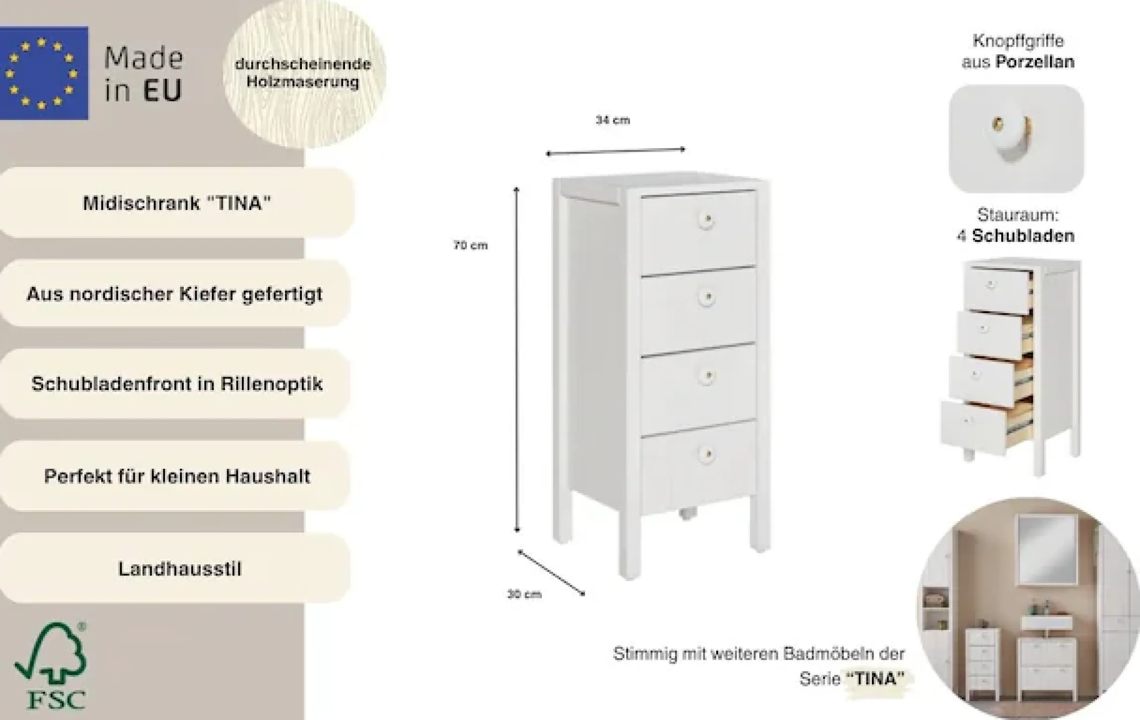 Home affaire Midischrank »Tina« Badmöbel, Kommode, Schrank, Breite 34 cm, Massivholz