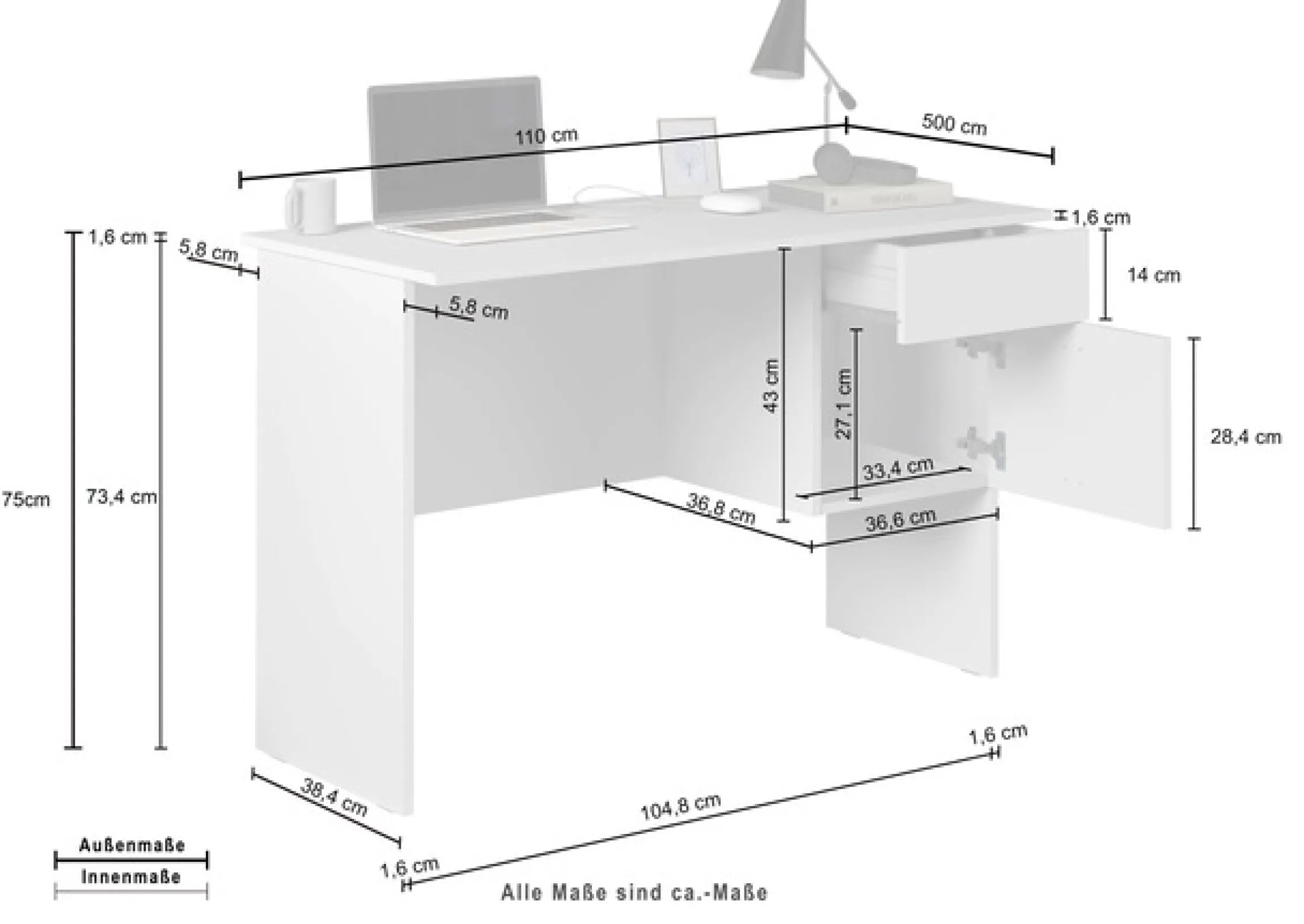 Home affaire Schreibtisch »Sunrise, kleiner Computertisch, Bürotisch« mit 1 Tür & 1 Schublade, Tischplatte Breite 110 cm, Made in Italy
