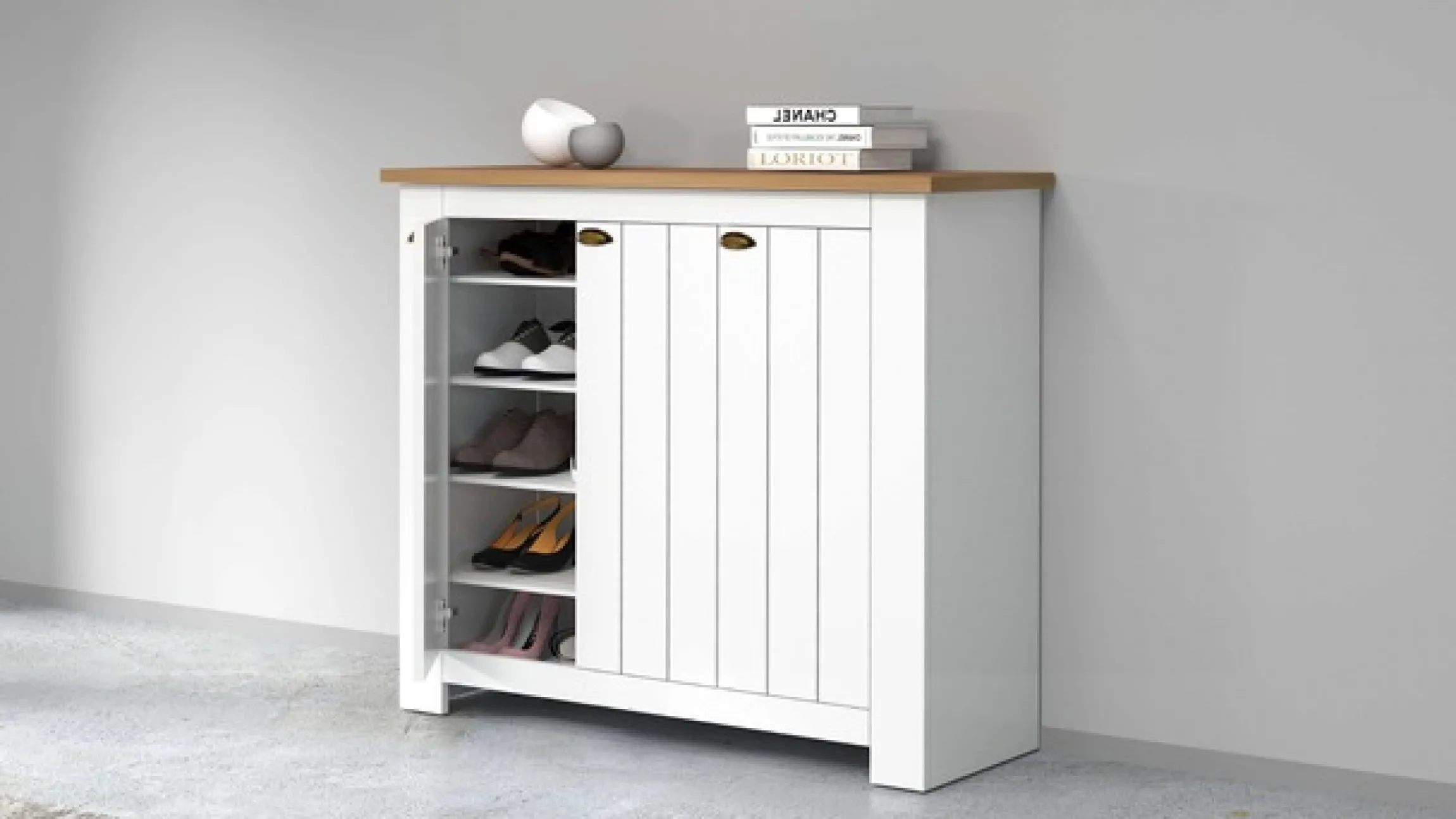 Home affaire Schuhschrank »FIGO, Made in Italy – Schuhkommode,Schuhregal für ca. 30 Paar Schuhe« 1 Stk. tlg. 3-Türig, Siebdruck-dekorative Fräsungen, 10 Fächer, Höhe: 100 cm