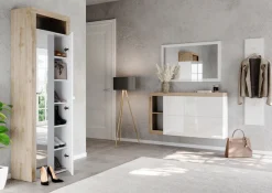 Home affaire Schuhschrank »Hamburg Breite 133 cm, Schuhkipper, 2 Klappen, hängend o. stehend,« Schuhkommode schmal, dekorativer Rahmen- 2 Ablagefächer, Metallgriffe
