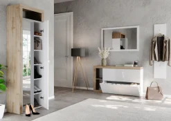 Home affaire Schuhschrank »Hamburg Breite 133 cm, Schuhkipper, 2 Klappen, hängend o. stehend,« Schuhkommode schmal, dekorativer Rahmen- 2 Ablagefächer, Metallgriffe