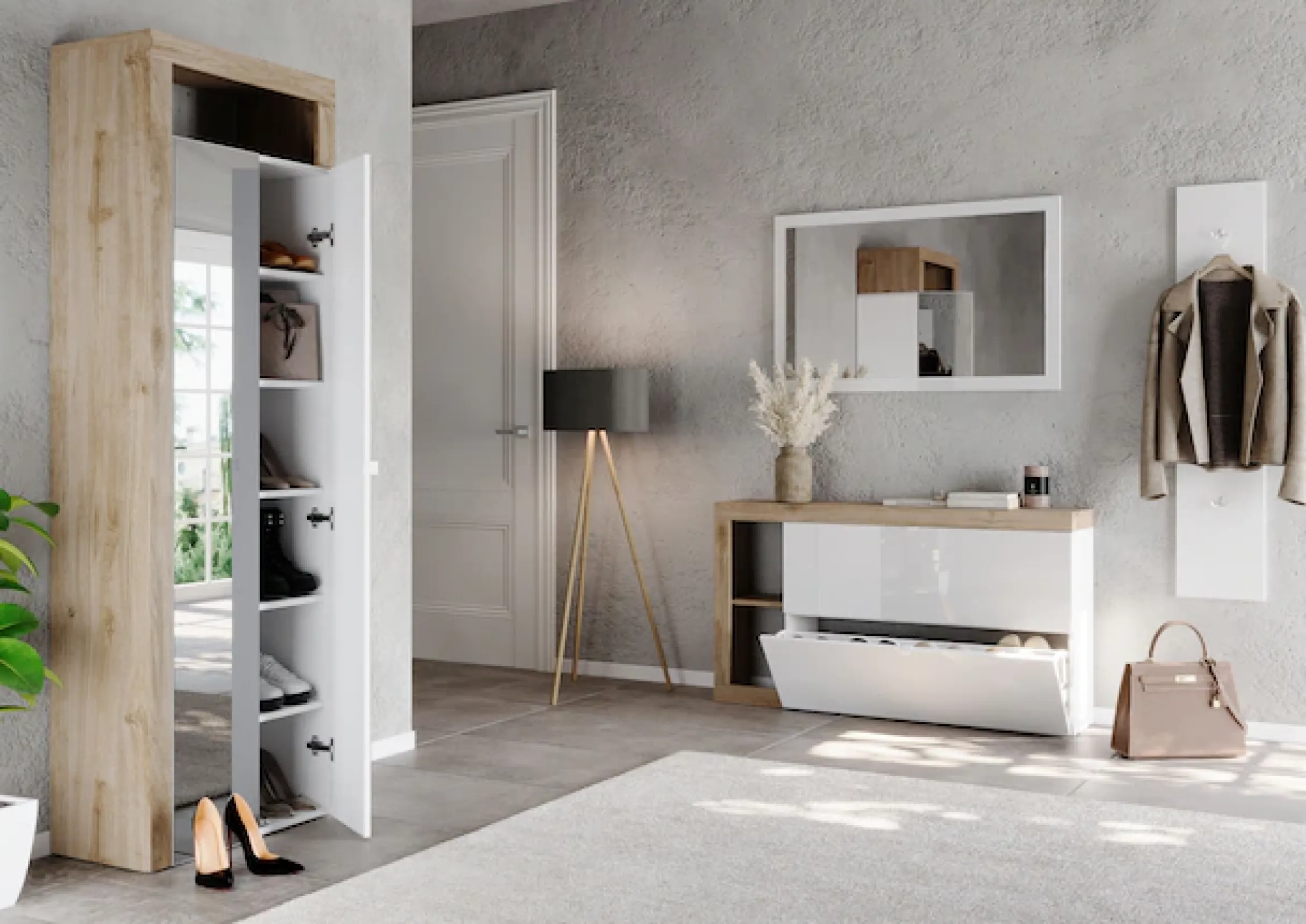 Home affaire Schuhschrank »Hamburg Breite 133 cm, Schuhkipper, 2 Klappen, hängend o. stehend,« Schuhkommode schmal, dekorativer Rahmen- 2 Ablagefächer, Metallgriffe