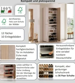 Home affaire Schuhschrank »LADY, Schuhkommode,Schuhmöbel,Schuhablage,Schuhregal« 10 Einlegeböden,12 Fächer,ca. 36 Paar Schuhe-Maße: B/T/H:80x34x200 cm