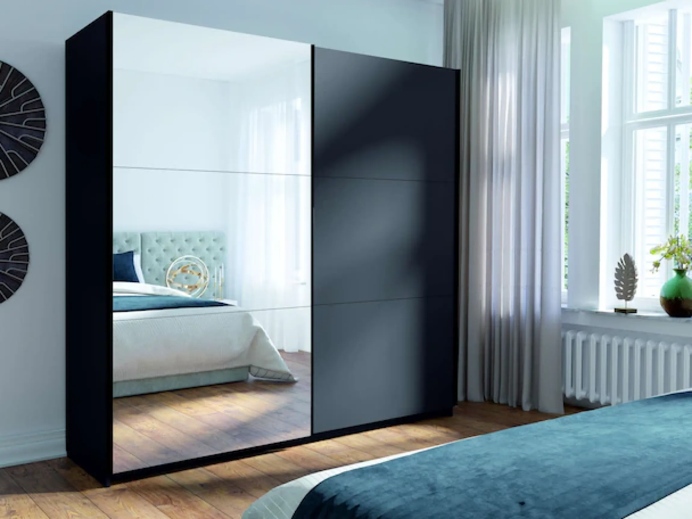 Home affaire Schwebetürenschrank »Kleiderschrank Fresno mit 5 Einlegeböden, Spiegel und Kleiderstange« Garderobe mit 2 Schwebetüren, B/H/T 150/207/62 cm