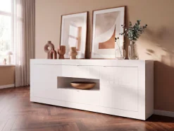 Home affaire Sideboard »Basic Breite 240 cm, Kommode 2 Türen, 2 Schubkästen, Anrichte,« Weiss HochglanzLack, Metallgriff, moderne Rahmenoptik, viel Stauraum,